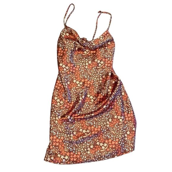 Birch And Stone Satiny Slip Rust Orange Ditsy Star Cami Mini Slip Dress - Picture 2 of 9